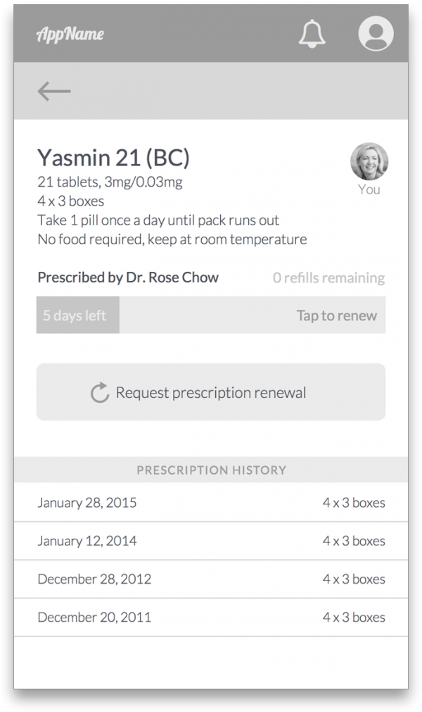 Prescription renewal request wireframe for the What's Up Doc App.