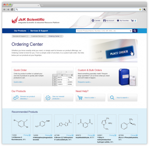 Ordering Centre webpage for J&K Scientific's website.