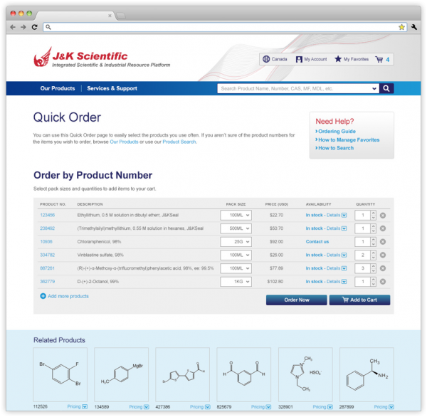 J&K Scientific Quick Order webpage design.